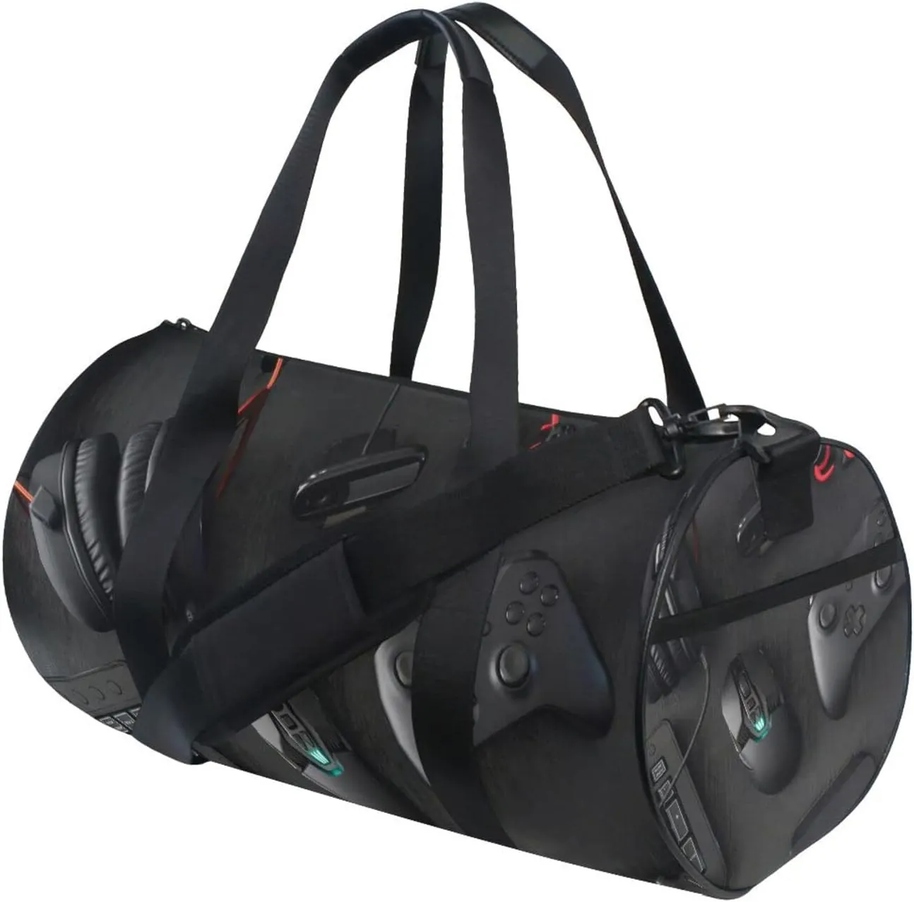 Gamer Work Space Concept Scrapbook Mouse, Keyboard, Joystick Duffel Bag, Foldable Canvas Travel Tote for Gym Sports with Inner Pockets, Durable Lightweight Fitness Bag for Overnight Workout
