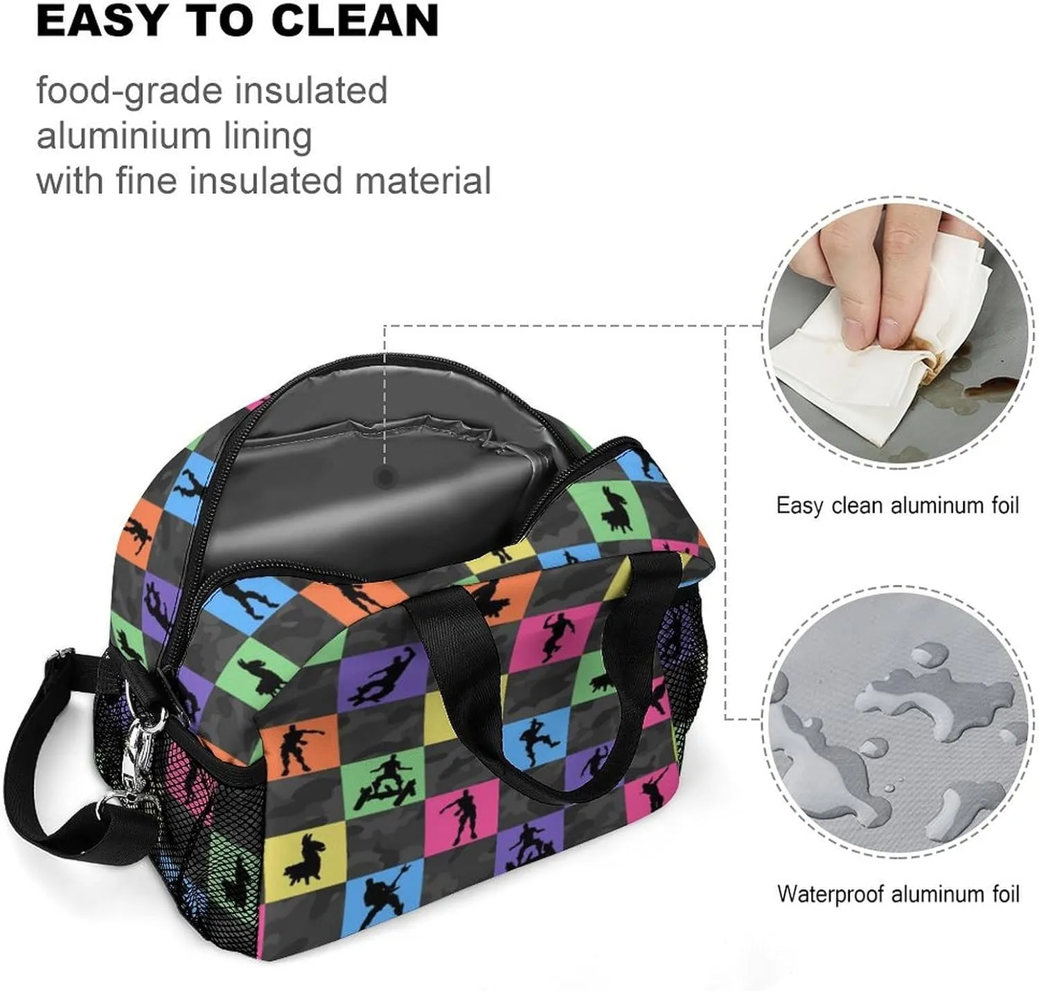 Gaming-Themed Insulated Lunch Bag - Waterproof, Leakproof, and Durable - Reusable Lunchbox with Adjustable Shoulder Strap for Kids, Men, and Women
