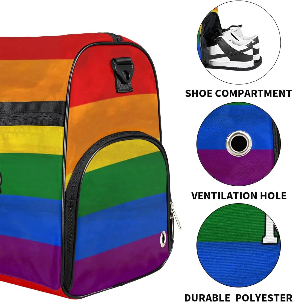 Gay Pride Rainbow Personalized Monogrammed Gym Duffel Bag with Shoe Compartment Rainbow Large Sport Gym Bags Overnight Travel Bags Weekender Bag with Custom Name & Text