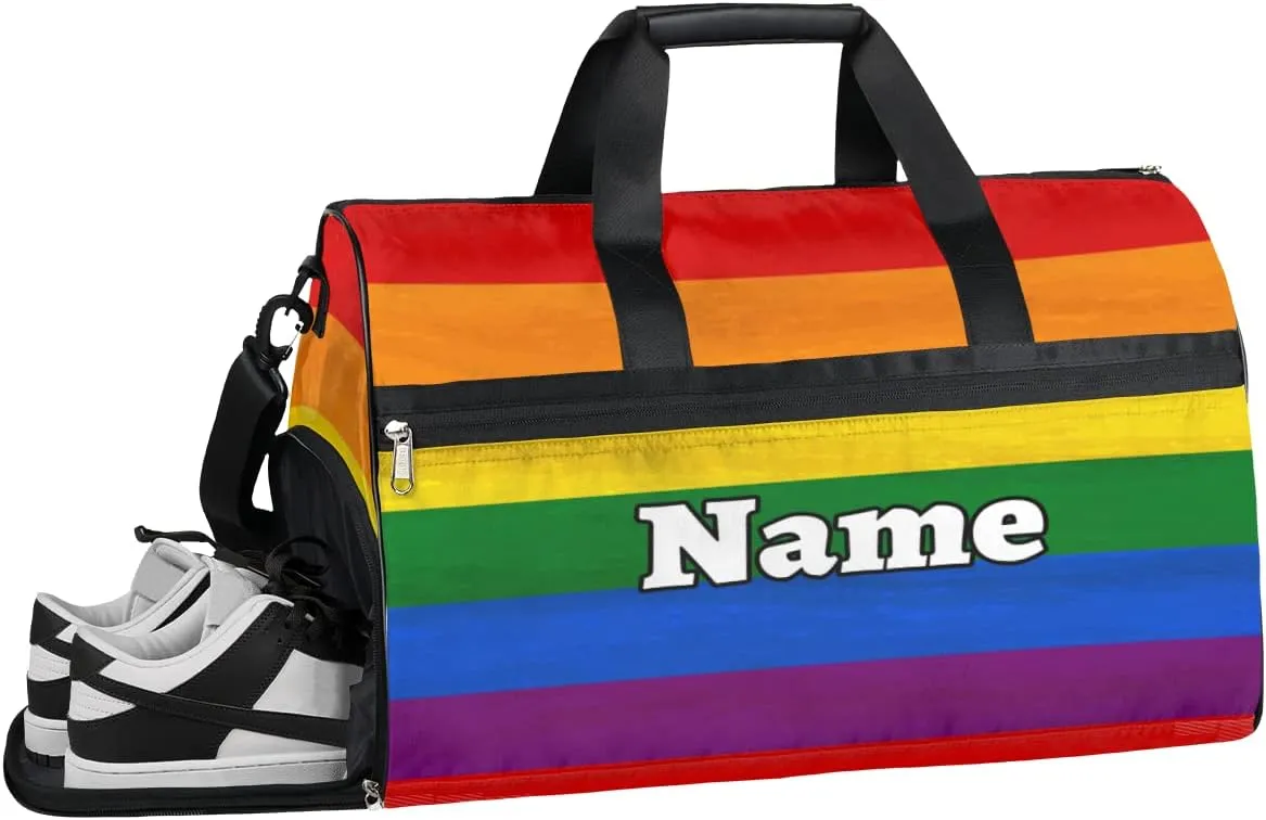 Gay Pride Rainbow Personalized Monogrammed Gym Duffel Bag with Shoe Compartment Rainbow Large Sport Gym Bags Overnight Travel Bags Weekender Bag with Custom Name & Text