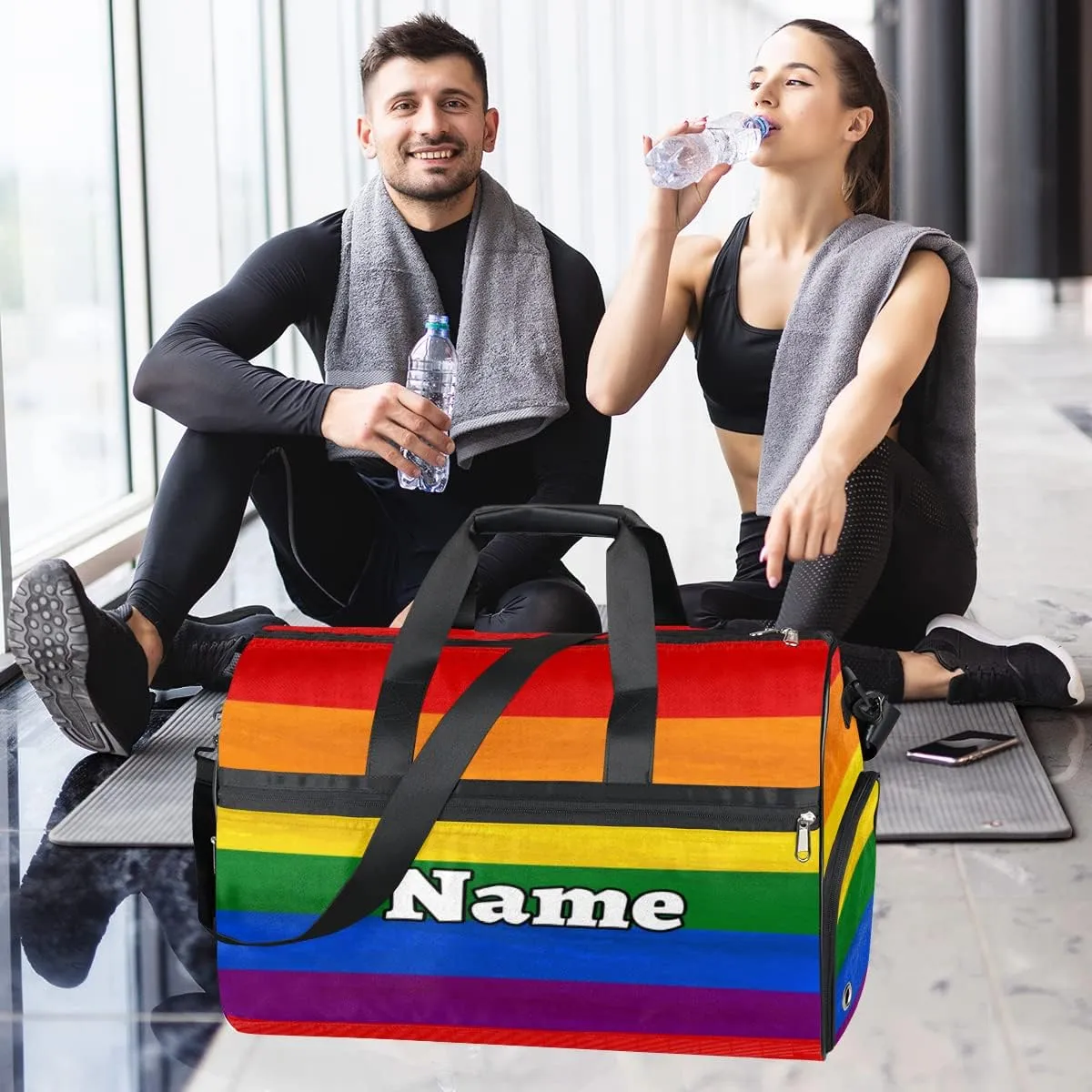 Gay Pride Rainbow Personalized Monogrammed Gym Duffel Bag with Shoe Compartment Rainbow Large Sport Gym Bags Overnight Travel Bags Weekender Bag with Custom Name & Text