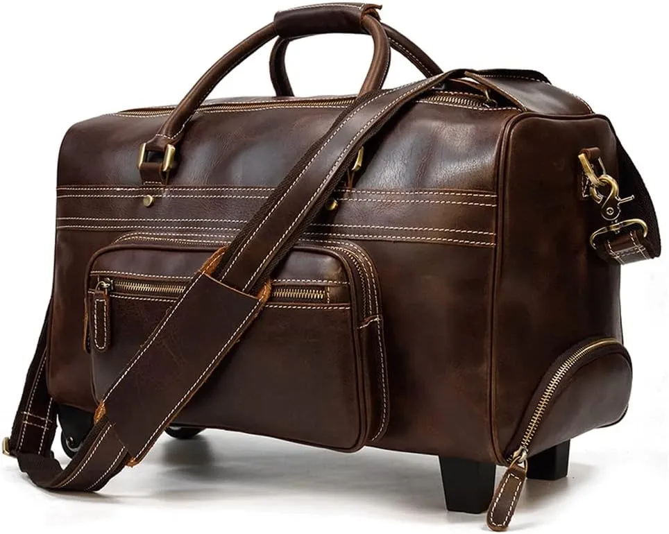 Genuine Leather Luggage Trolley Case Hand Luggage with Rolls Men Women Leather Trolley Case Flights (Color : A) (A)