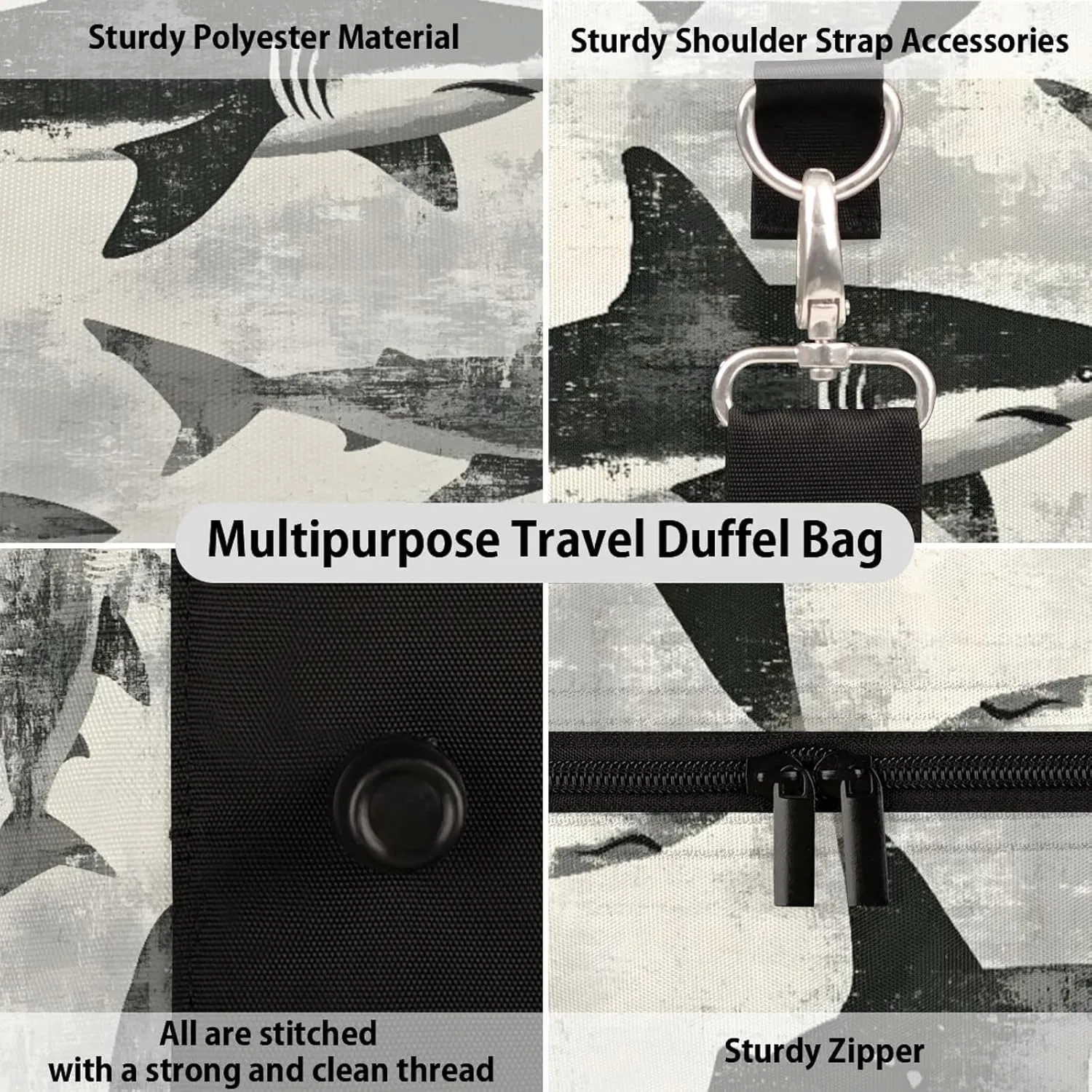 Gery Shark Duffle Bag for Travel, Overnight Weekend Gym Carry On Luggage Bag, Ocean Animal Fish Travel Duffel Bag for Men Women