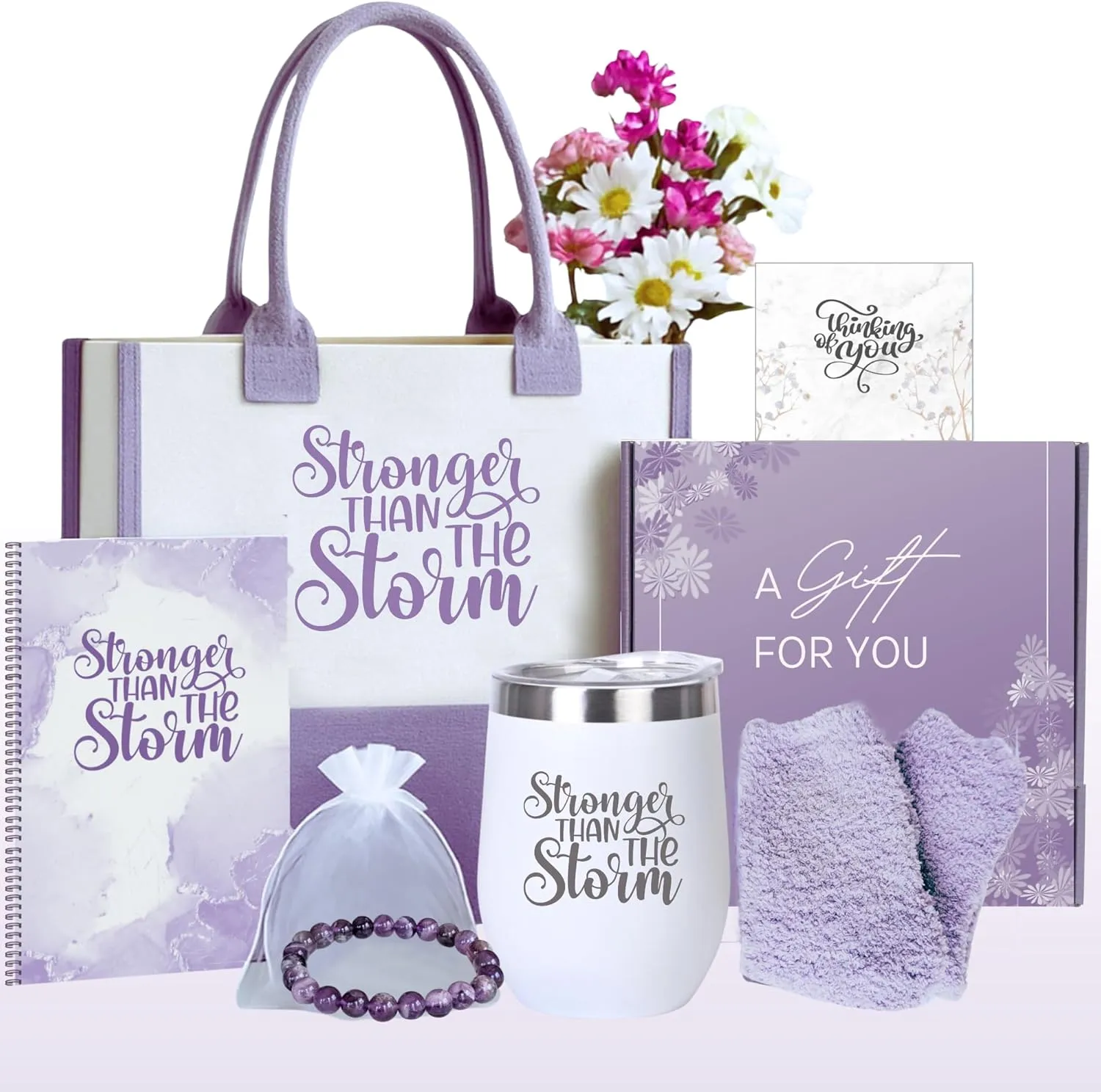 Get Well Soon Gifts for Women - Care Package for Cancer Recovery, Surgery, Sick Friend, Hospital Comfort, Chemo Care, Thinking of You - Gift Box with Canvas Tote Bag, Tumbler, Notebook (Purple)
