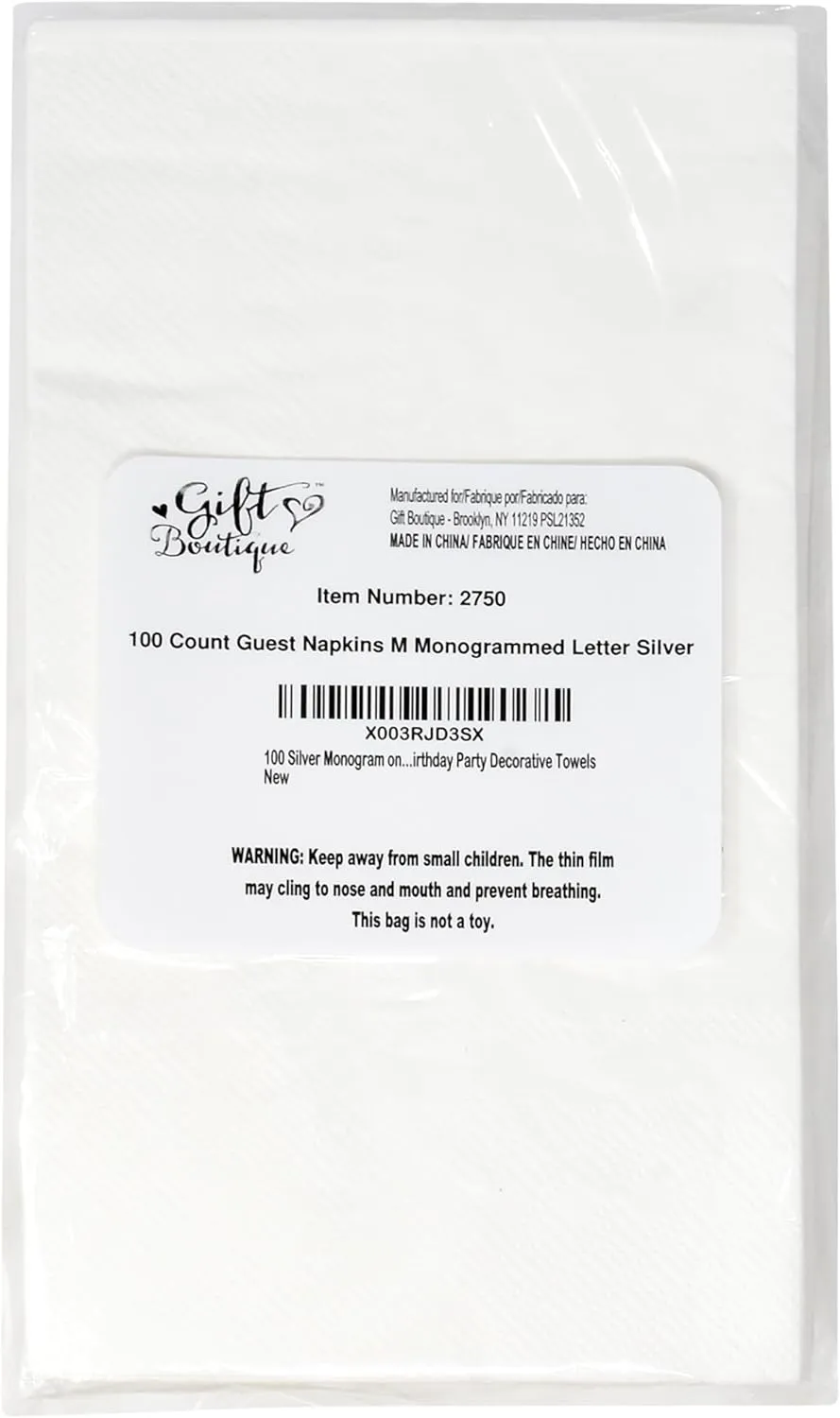 Gift Boutique 100 Silver Monogram on White Guest, Letter M Disposable Paper Pack Elegant Metallic Silver Foil Dinner Hand Napkin for Bathroom Wedding Holiday Birthday Party Decorative Towels