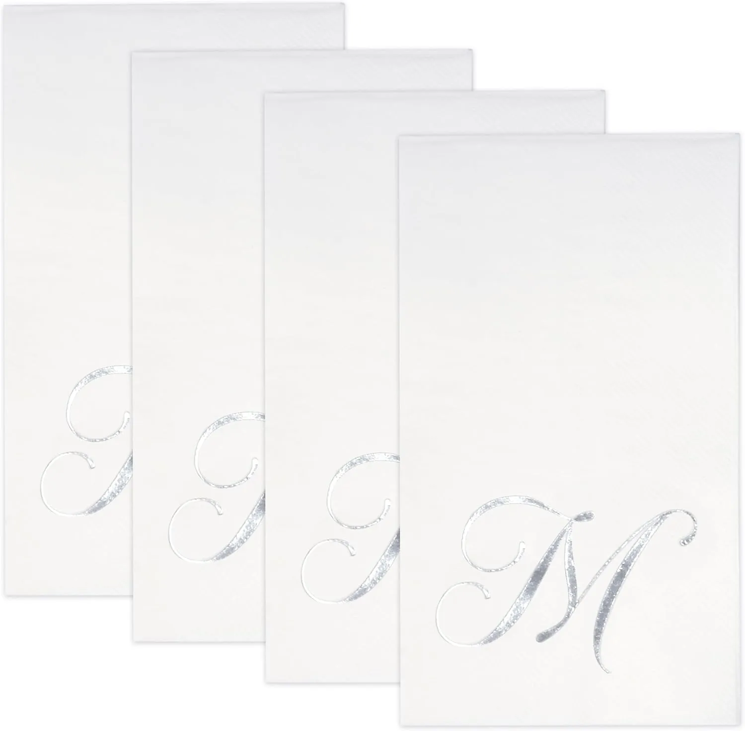 Gift Boutique 100 Silver Monogram on White Guest, Letter M Disposable Paper Pack Elegant Metallic Silver Foil Dinner Hand Napkin for Bathroom Wedding Holiday Birthday Party Decorative Towels