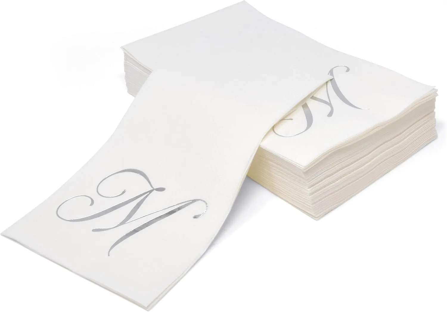 Gift Boutique 100 Silver Monogram on White Guest, Letter M Disposable Paper Pack Elegant Metallic Silver Foil Dinner Hand Napkin for Bathroom Wedding Holiday Birthday Party Decorative Towels