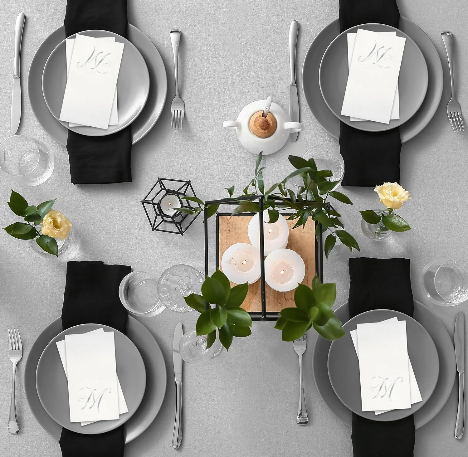 Gift Boutique 100 Silver Monogram on White Guest, Letter M Disposable Paper Pack Elegant Metallic Silver Foil Dinner Hand Napkin for Bathroom Wedding Holiday Birthday Party Decorative Towels