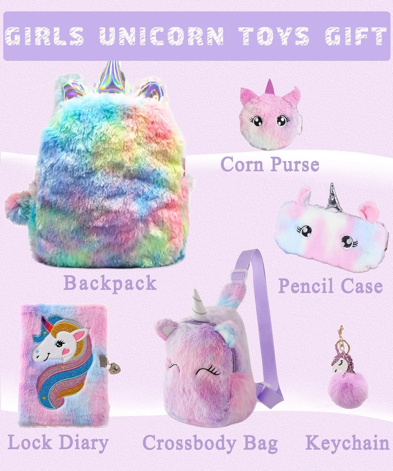 Girls Unicorn Toys Easter Gifts for Age 4 5 6 7 8 9 10 Year Old Kids Valentines Gifts Unicorn School Study Supplies Mini Toddler Backpack/Pencil Case/Crossbody Bag/Purse/Diary with Lock