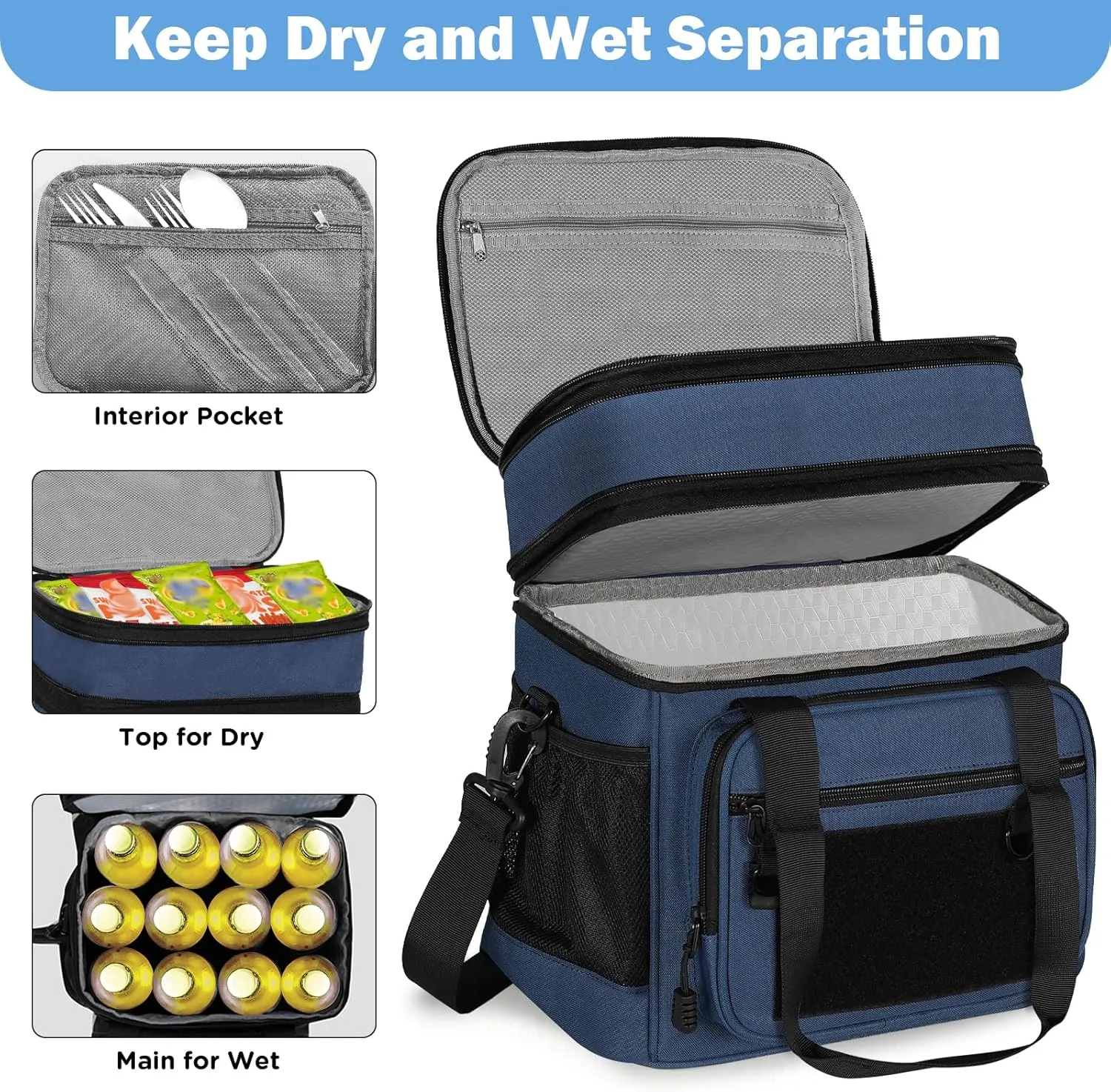 GLENKEY Double Deck Insulated Lunch Box, Expandable Large Lunch Bag Leakproof Cooler Bag Lunch Pail for Men Women Adults Work Shifts Travel Daytrip,16L,Blue