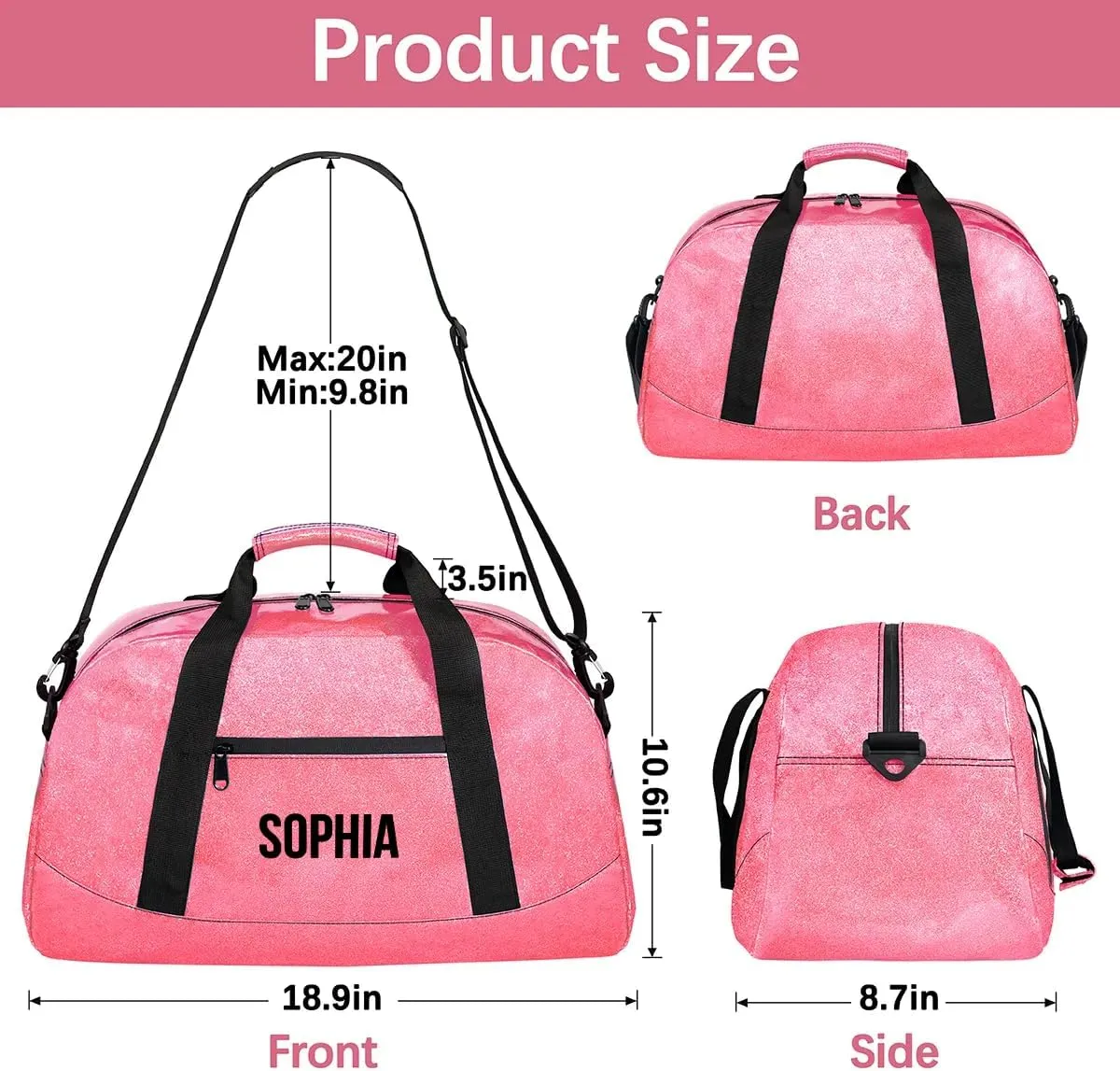 Glitter Girls Duffel Bags Travel Kids Sports Bag for Boys Gym Bag with Name Small Dance Tote for Dancing Girls Glitter Pink Monogram
