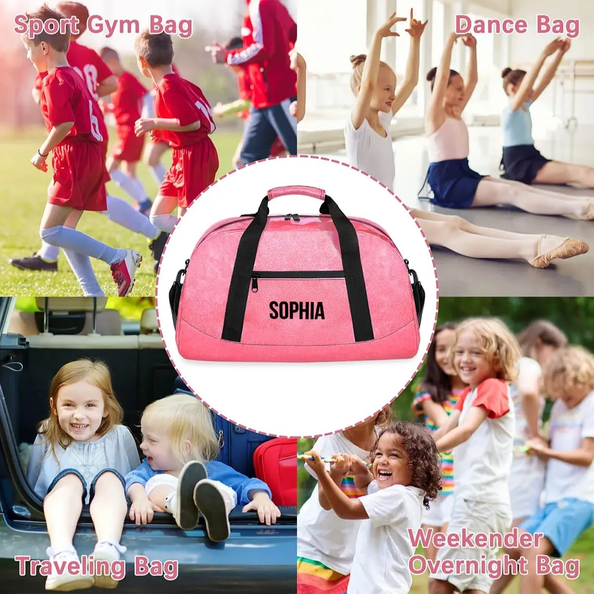 Glitter Girls Duffel Bags Travel Kids Sports Bag for Boys Gym Bag with Name Small Dance Tote for Dancing Girls Glitter Pink Monogram