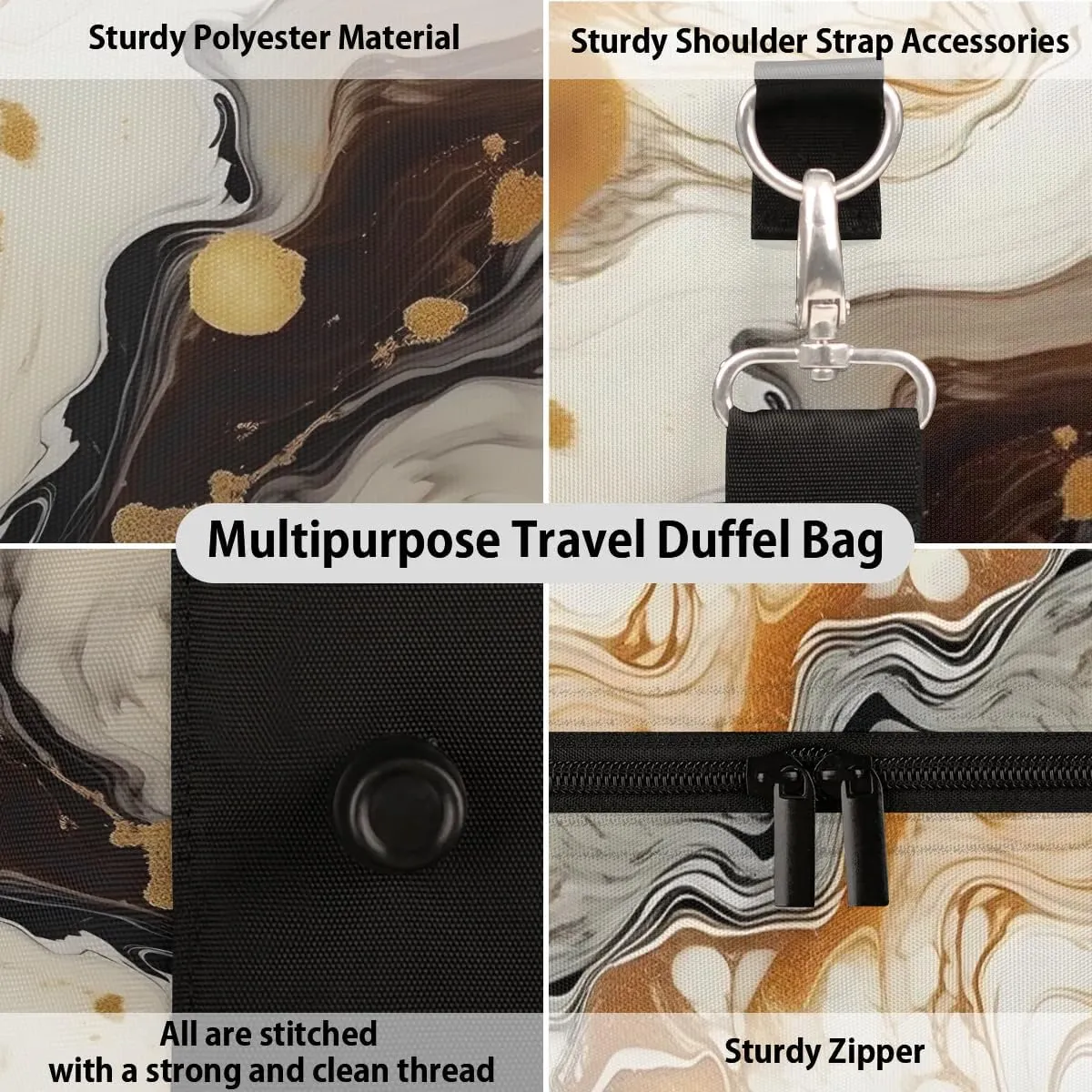 Gold Marble Texture Travel Duffel Bag for Women Men Waterproof Foldable Overnight Weekender Bag Large Capacity Sports Gym Bag