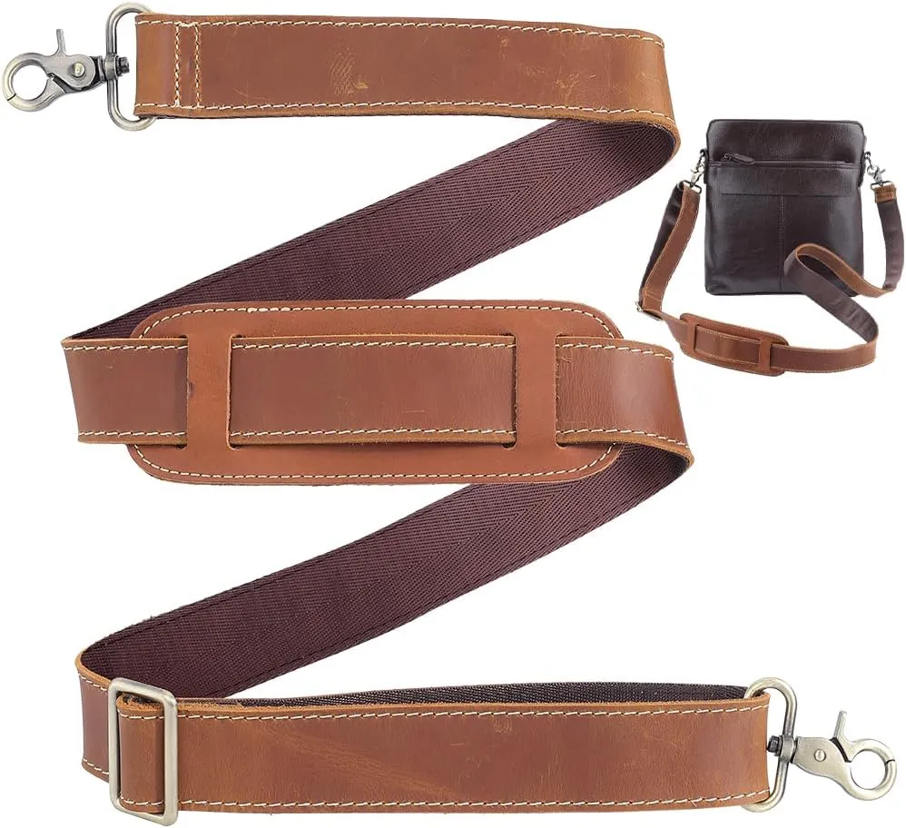 GORGECRAFT 57 Inch Bags Adjustable Strap Saddle Brown Full Grain Leather Independent Replacement Buckle Padded Long Duffel Bag Straps with Double Metal Hook for Briefcase Messenger Shoulder Bag