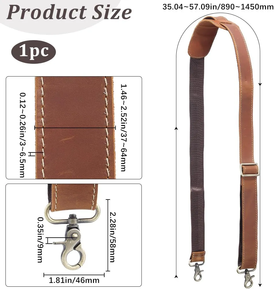 GORGECRAFT 57 Inch Bags Adjustable Strap Saddle Brown Full Grain Leather Independent Replacement Buckle Padded Long Duffel Bag Straps with Double Metal Hook for Briefcase Messenger Shoulder Bag