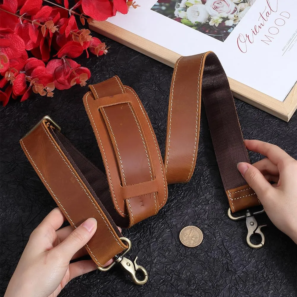 GORGECRAFT 57 Inch Bags Adjustable Strap Saddle Brown Full Grain Leather Independent Replacement Buckle Padded Long Duffel Bag Straps with Double Metal Hook for Briefcase Messenger Shoulder Bag