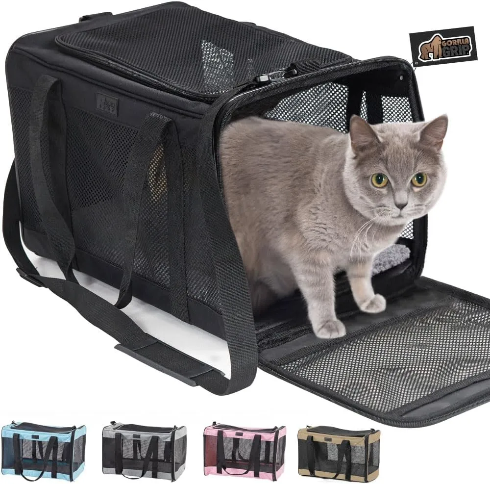 GORILLA GRIP Cat Carrier Travel Bag Up to 15 Lbs, Soft Collapsible Dog Carriers, Kennel for Small Animals, Top and Side Entry Breathable Mesh, Grip Feet Underside, Cozy Washable Waterproof Pad, Black