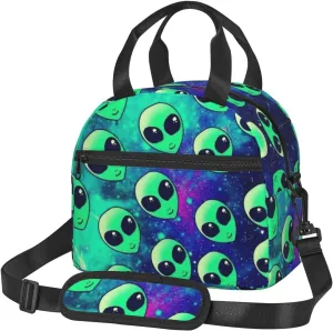 Green aliens Print Lunch Bag Adult Lunch Box for Women and Men with Adjustable Shoulder Adult Tote Bags