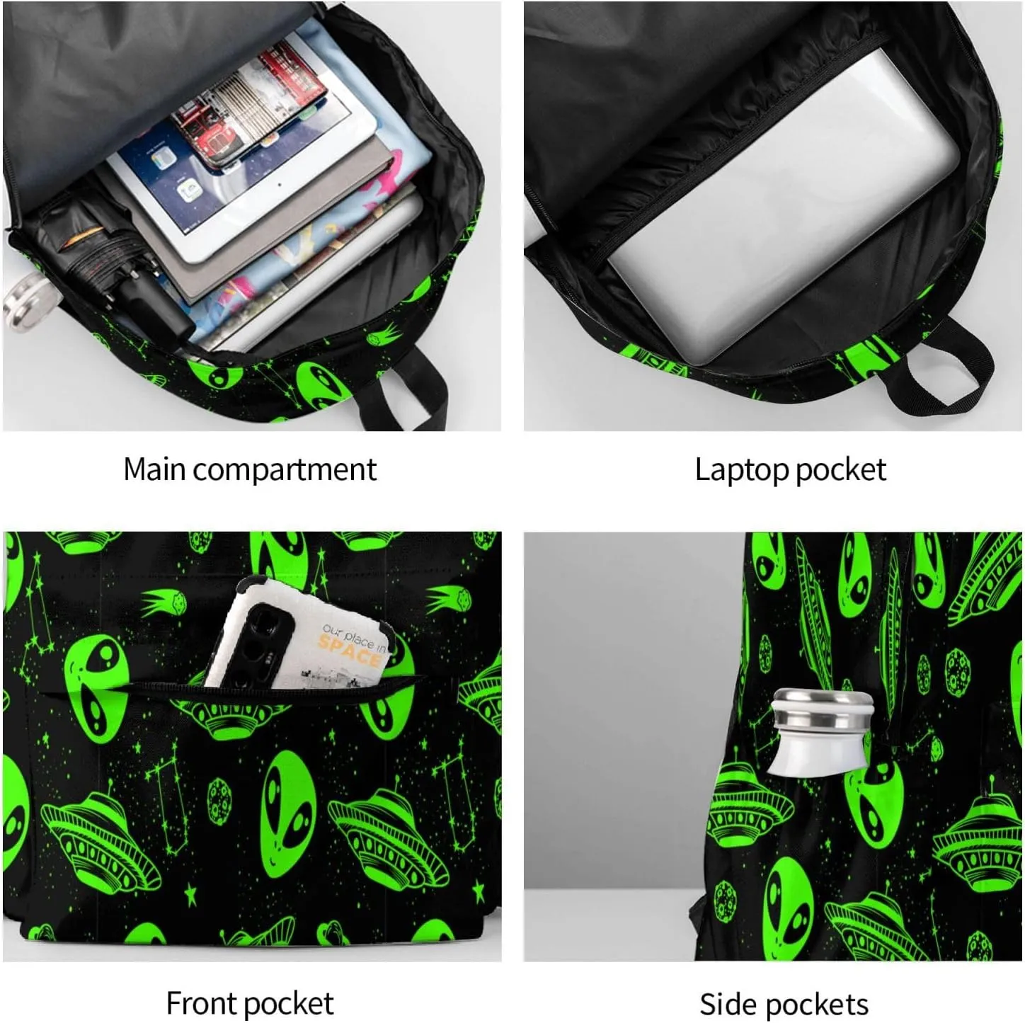 Green Ufo Alien Star Multipurpose School Bag Bookbag for Teenage Boys Girls Daily Backpack