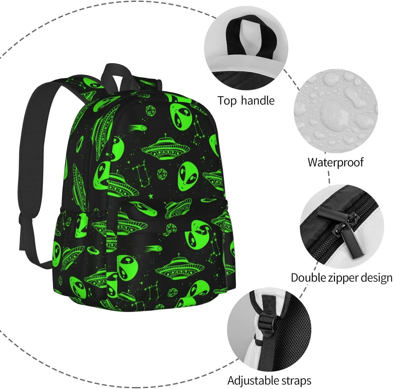 Green Ufo Alien Star Multipurpose School Bag Bookbag for Teenage Boys Girls Daily Backpack