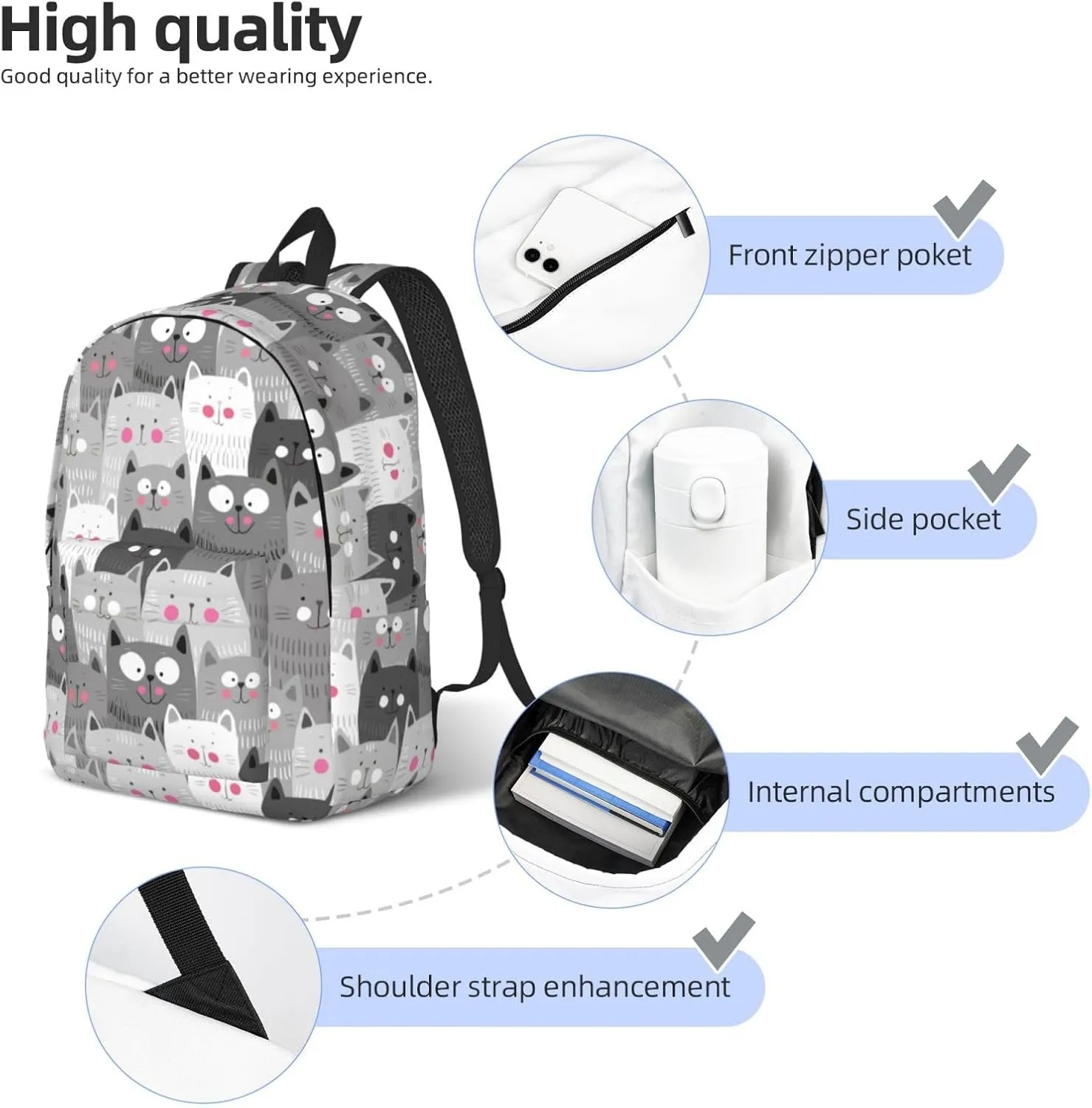 Grey Cute Cats Backpack 17.7 Inch Laptop Backpack Travel Hiking Daypack Multipurpose Bookbag For Men Women