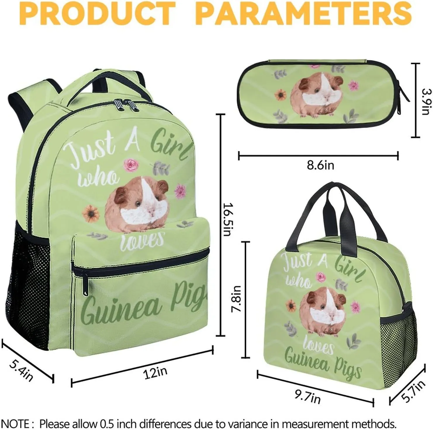 Guinea Pig Backpack with Lunch Box Set for Girls Kids, 3 in 1 Primary Middle School Backpacks Matching Combo, Cute Lightweight Adjustable Straps Green Bookbag and Pencil Case Bundle
