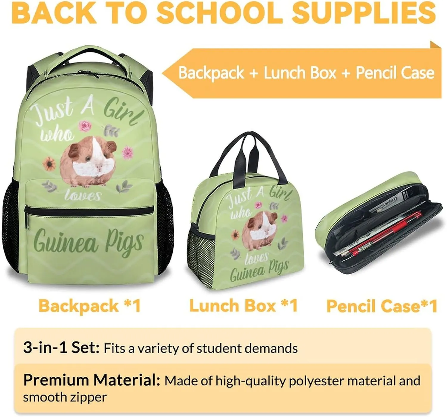 Guinea Pig Backpack with Lunch Box Set for Girls Kids, 3 in 1 Primary Middle School Backpacks Matching Combo, Cute Lightweight Adjustable Straps Green Bookbag and Pencil Case Bundle
