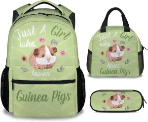 Guinea Pig Backpack with Lunch Box Set for Girls Kids, 3 in 1 Primary Middle School Backpacks Matching Combo, Cute Lightweight Adjustable Straps Green Bookbag and Pencil Case Bundle