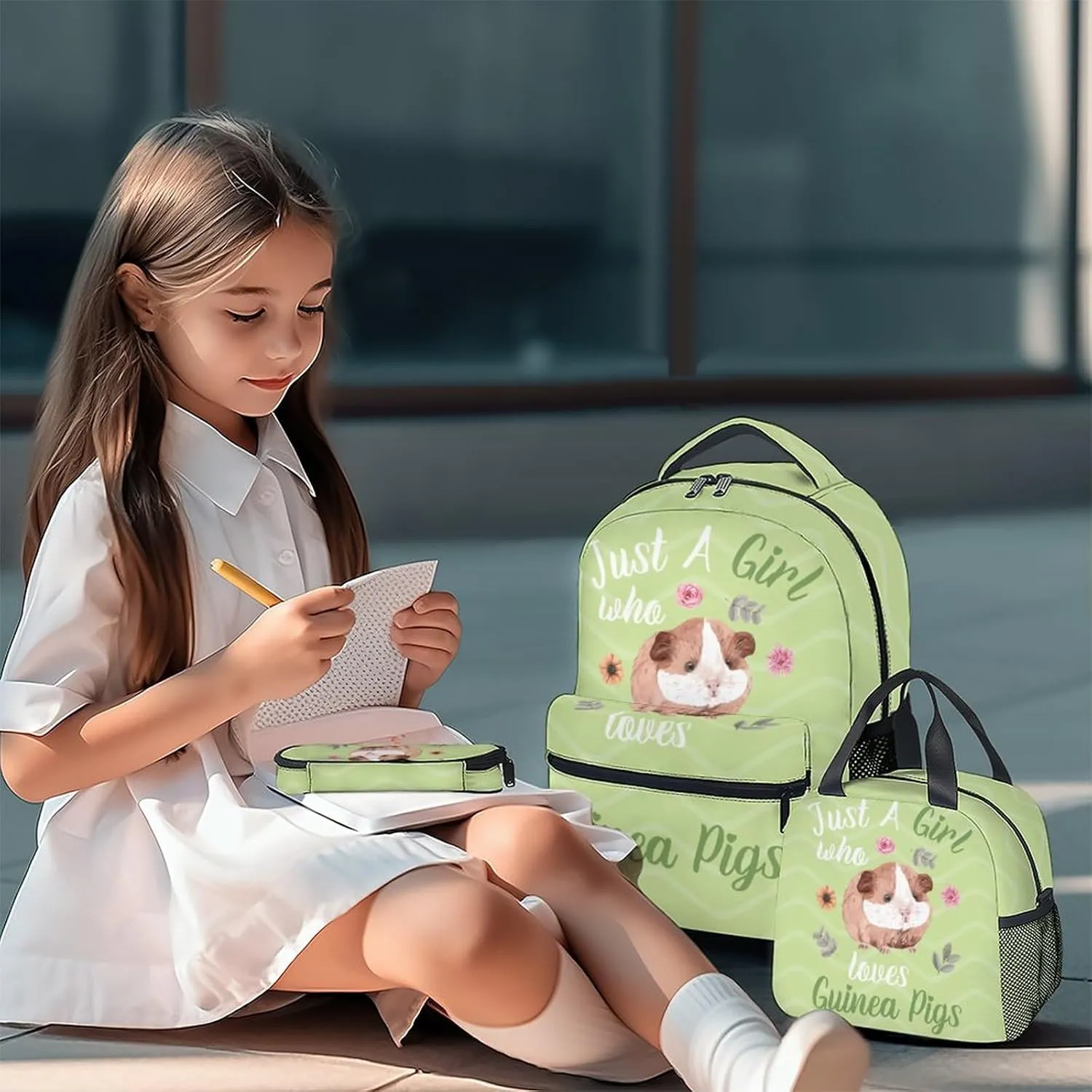 Guinea Pig Backpack with Lunch Box Set for Girls Kids, 3 in 1 Primary Middle School Backpacks Matching Combo, Cute Lightweight Adjustable Straps Green Bookbag and Pencil Case Bundle