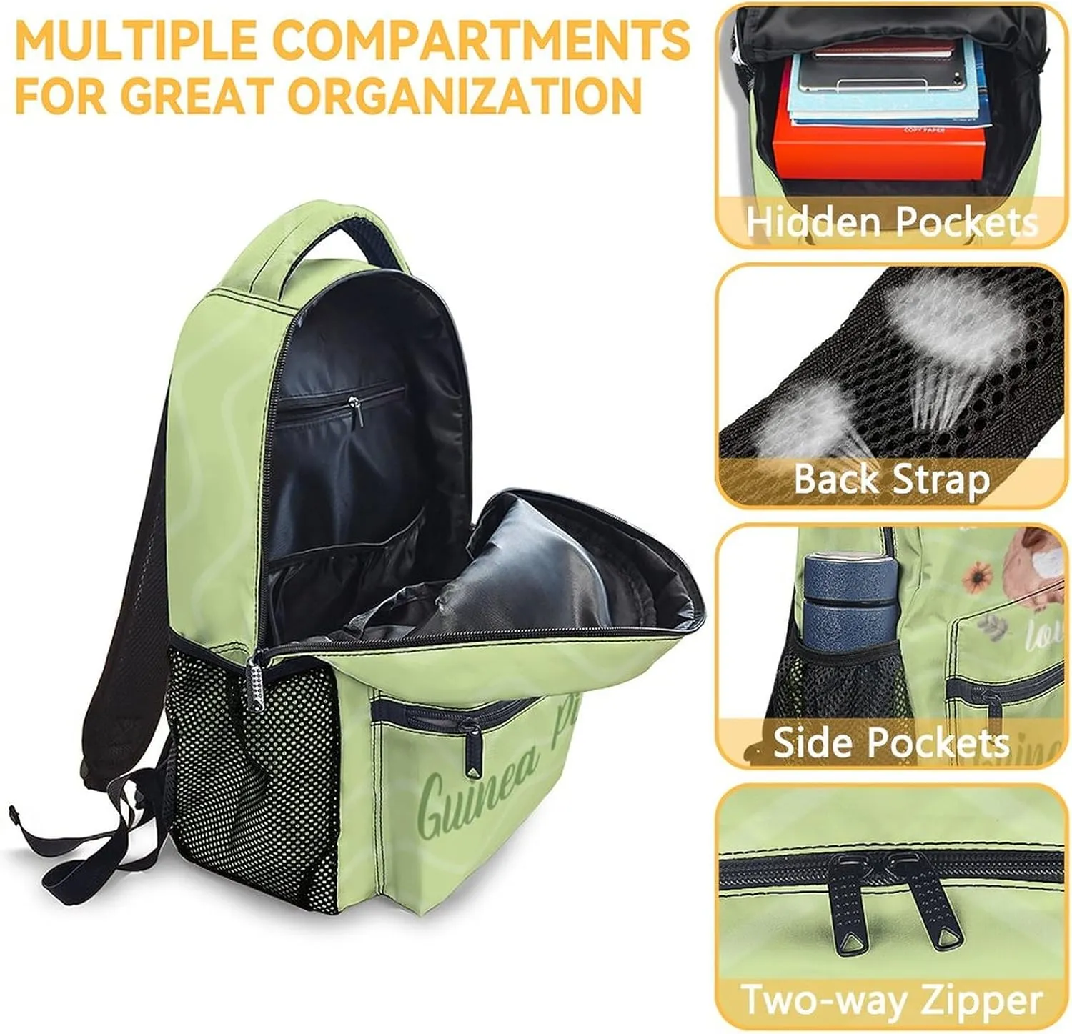 Guinea Pig Backpack with Lunch Box Set for Girls Kids, 3 in 1 Primary Middle School Backpacks Matching Combo, Cute Lightweight Adjustable Straps Green Bookbag and Pencil Case Bundle