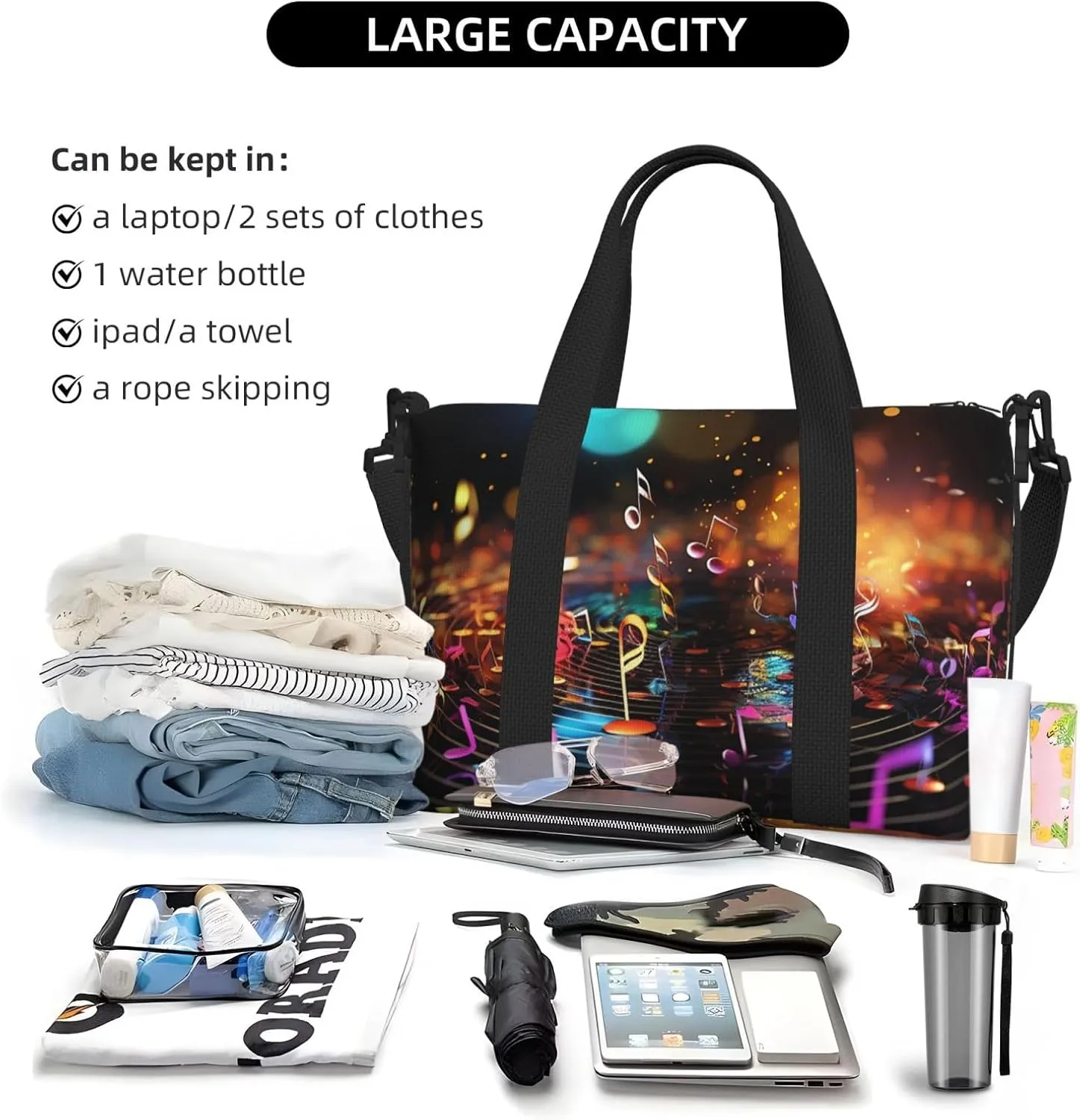 Gym Bags Small Colorful Music Notes Duffel Bag Overnight Bag with Shoe Compartment Carryon Bag for Men Women