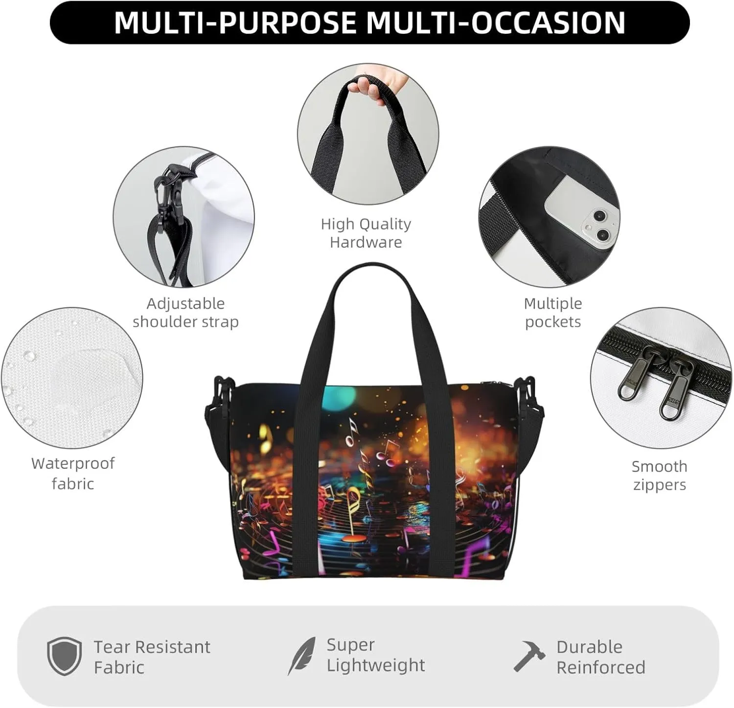 Gym Bags Small Colorful Music Notes Duffel Bag Overnight Bag with Shoe Compartment Carryon Bag for Men Women