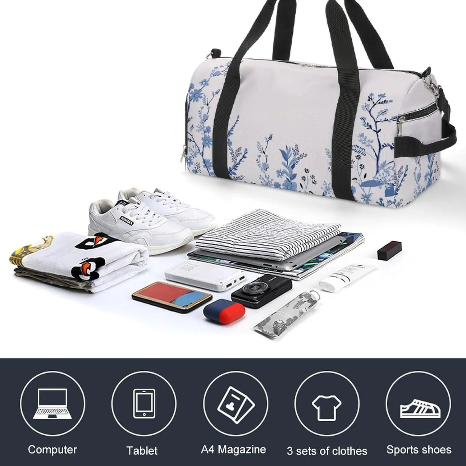 Gym Duffel Bag with Shoe Compartment Wet Pocket, Blue Florals Travel Bag for Men Women