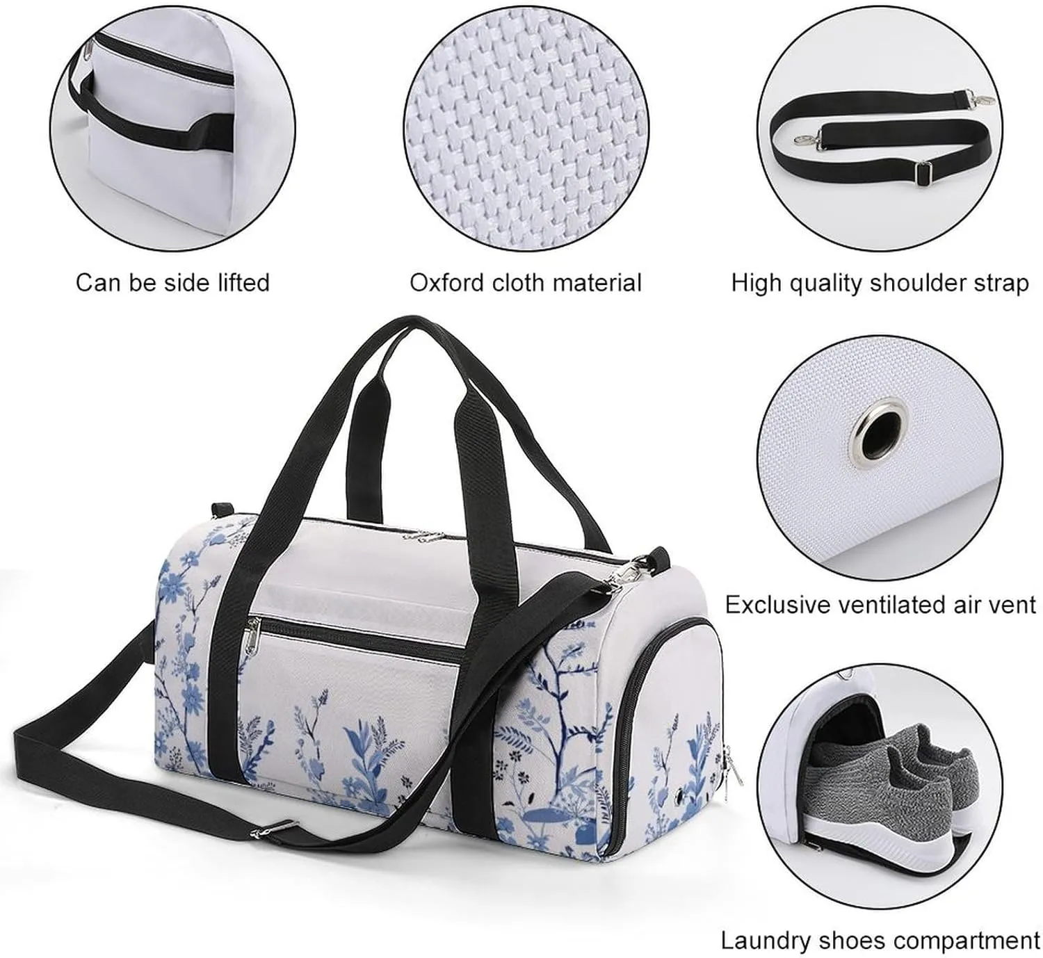 Gym Duffel Bag with Shoe Compartment Wet Pocket, Blue Florals Travel Bag for Men Women