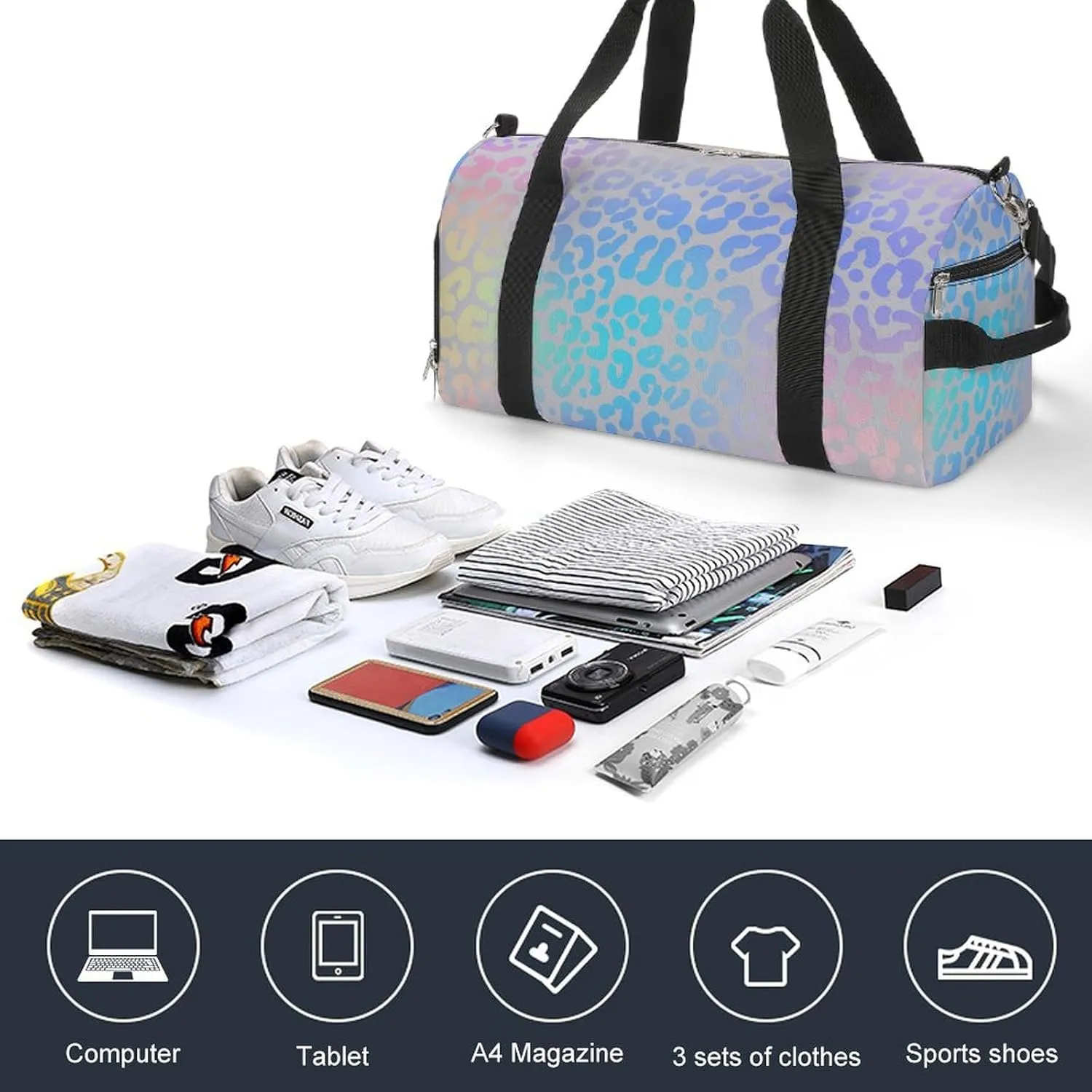Gym Duffel Bag with Shoe Compartment Wet Pocket, Rainbow Leopard Travel Bag for Men Women, style-4