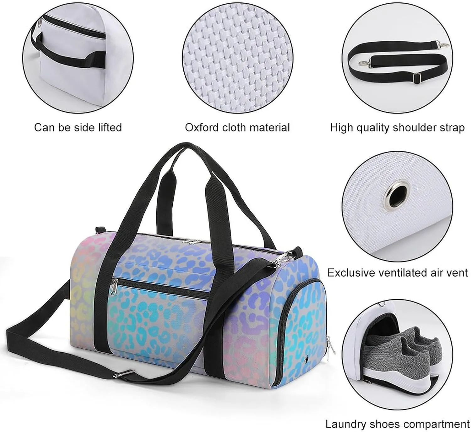 Gym Duffel Bag with Shoe Compartment Wet Pocket, Rainbow Leopard Travel Bag for Men Women, style-4