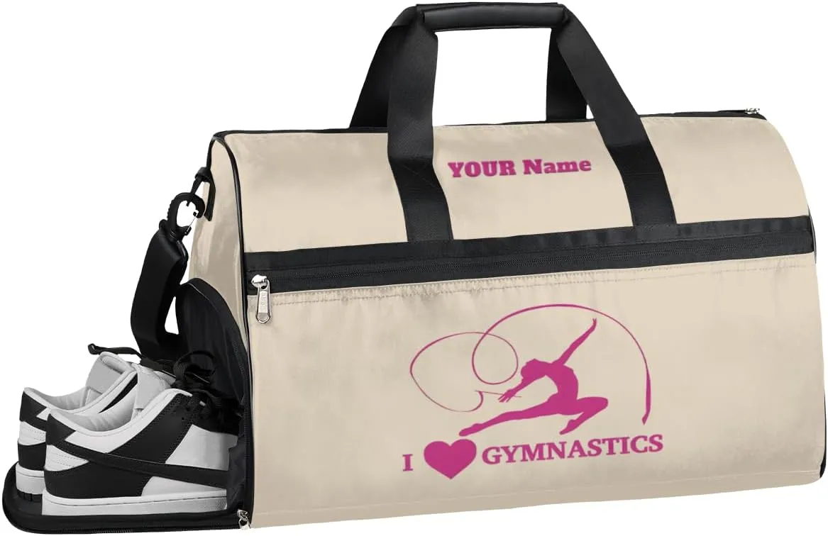 Gymnastics Dance Bag Personalized Duffel Bag Travel Weekender Overnight Bag Custom Name Team Gift Lightweight Waterproof Sport Gym Bag Collapsible Carry on Tote Bag Beige