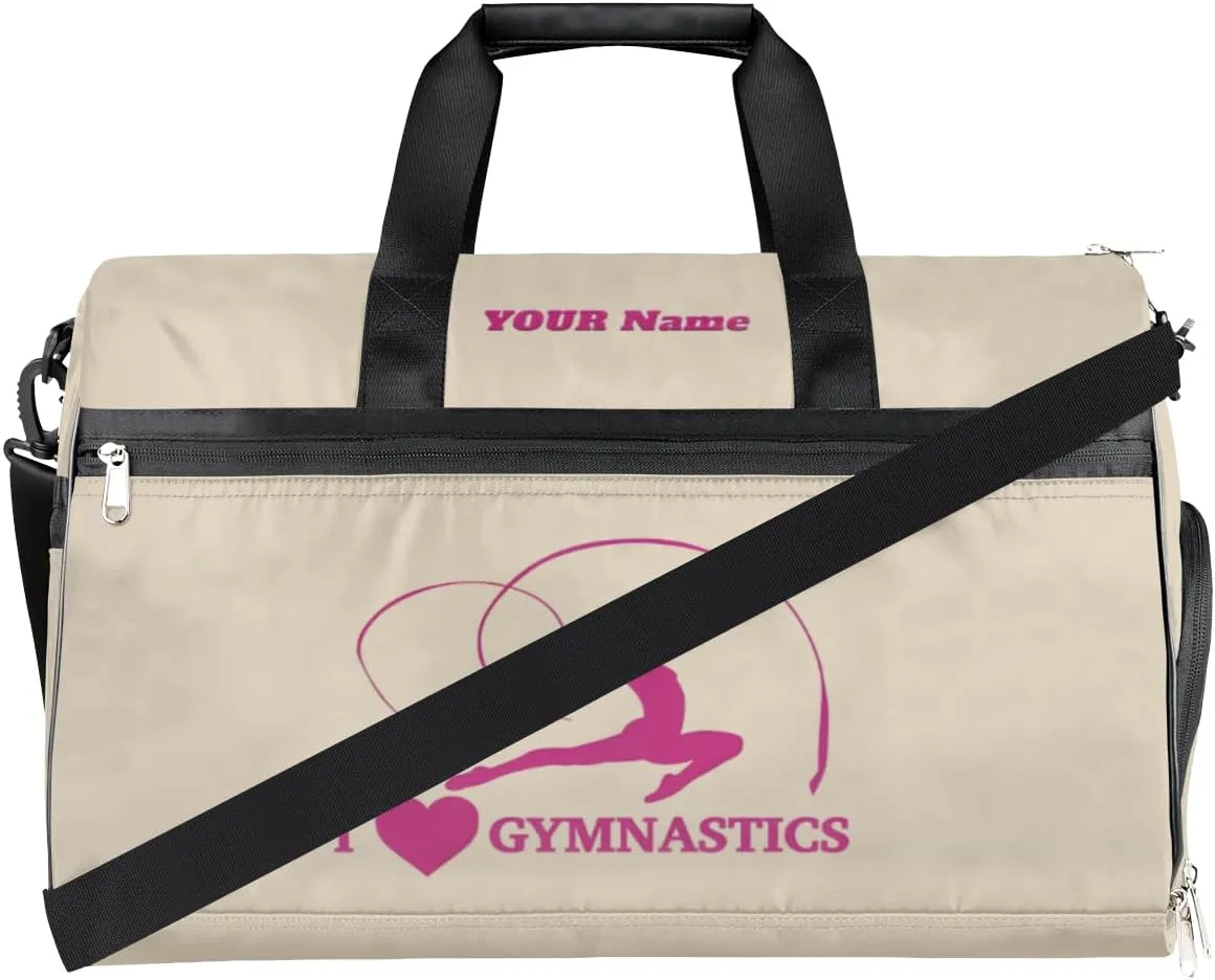 Gymnastics Dance Bag Personalized Duffel Bag Travel Weekender Overnight Bag Custom Name Team Gift Lightweight Waterproof Sport Gym Bag Collapsible Carry on Tote Bag Beige