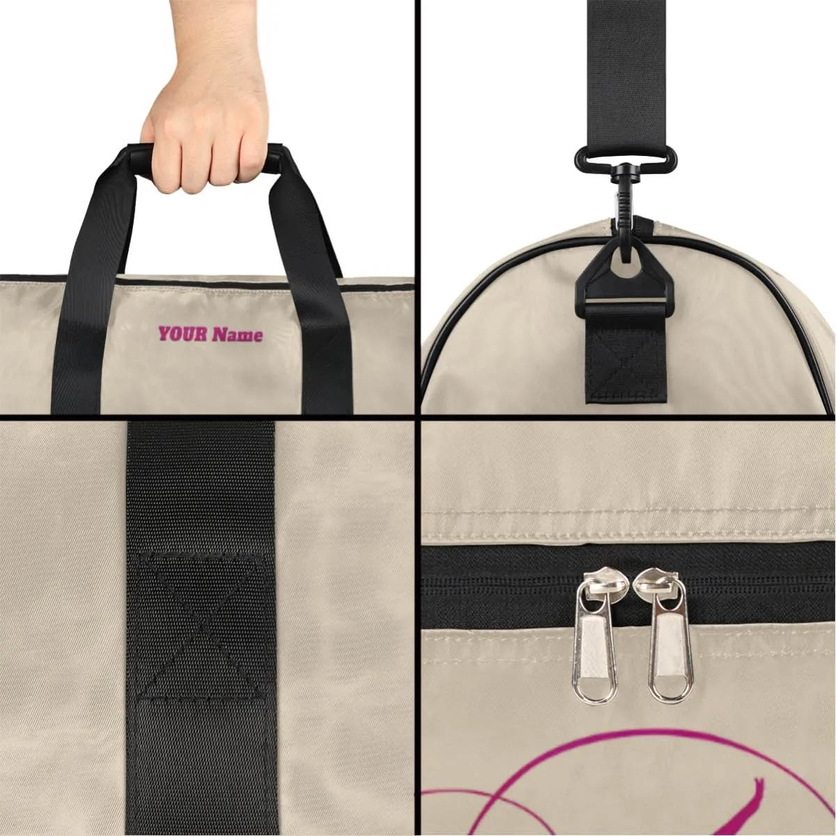 Gymnastics Dance Bag Personalized Duffel Bag Travel Weekender Overnight Bag Custom Name Team Gift Lightweight Waterproof Sport Gym Bag Collapsible Carry on Tote Bag Beige