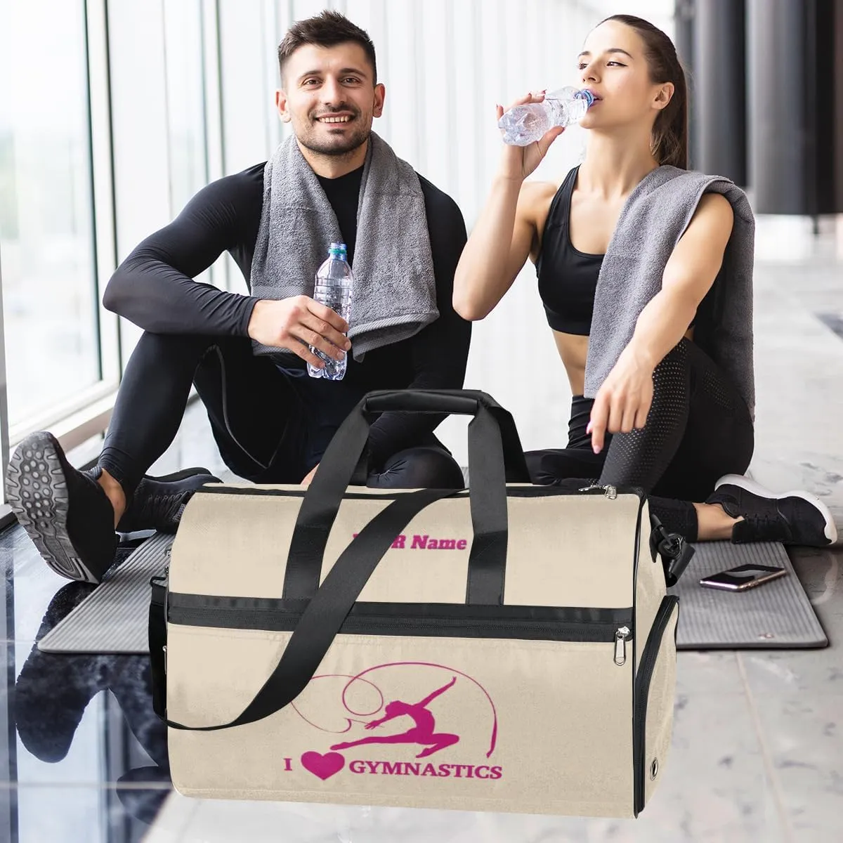 Gymnastics Dance Bag Personalized Duffel Bag Travel Weekender Overnight Bag Custom Name Team Gift Lightweight Waterproof Sport Gym Bag Collapsible Carry on Tote Bag Beige