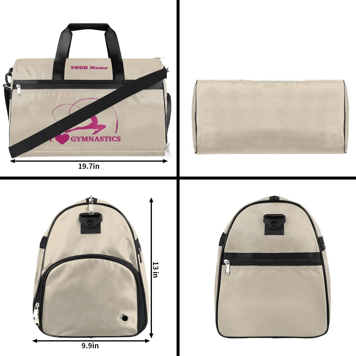 Gymnastics Dance Bag Personalized Duffel Bag Travel Weekender Overnight Bag Custom Name Team Gift Lightweight Waterproof Sport Gym Bag Collapsible Carry on Tote Bag Beige