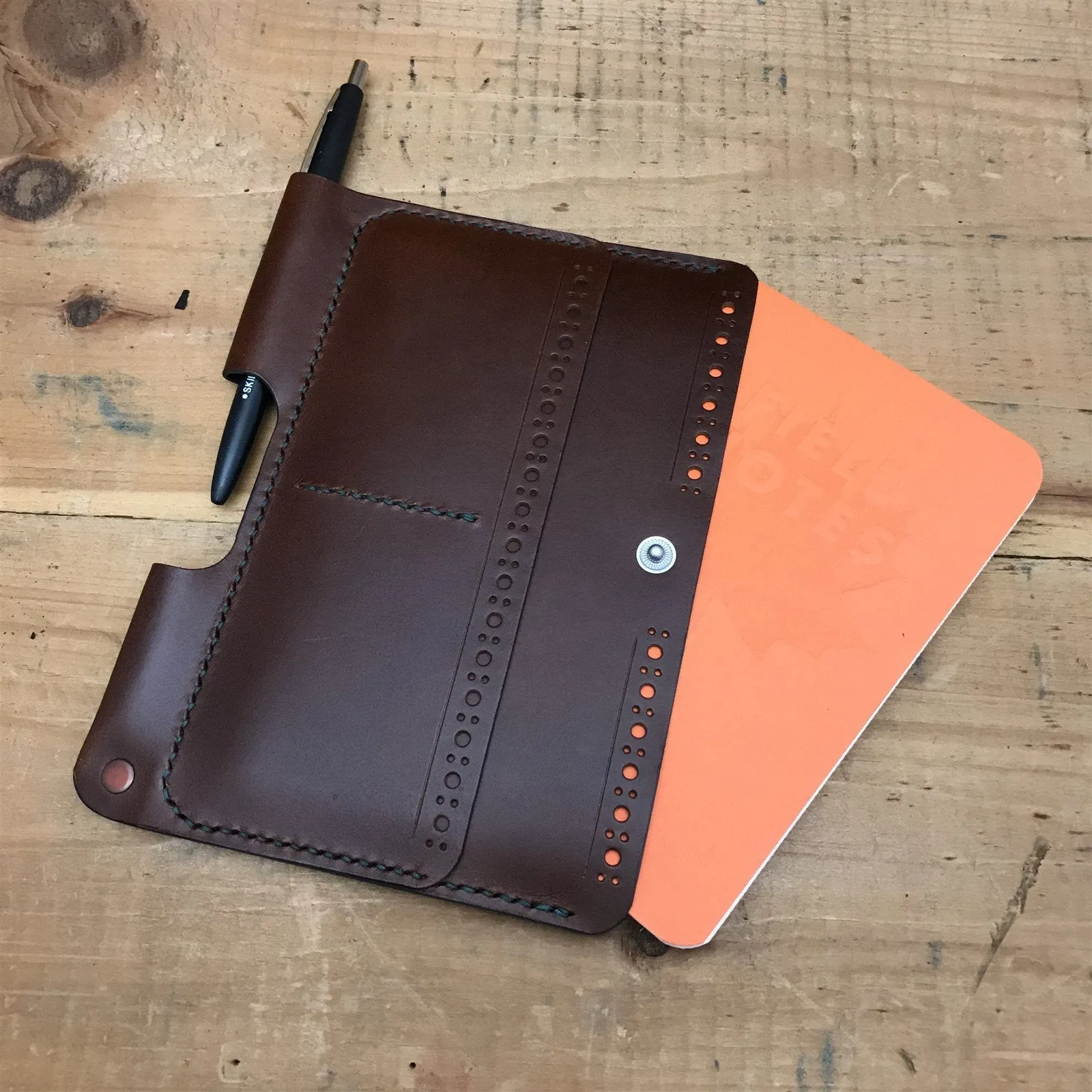 Handmade Brown Italian Buttero Brogue Leather Field Notes Notebook Travel Wallet