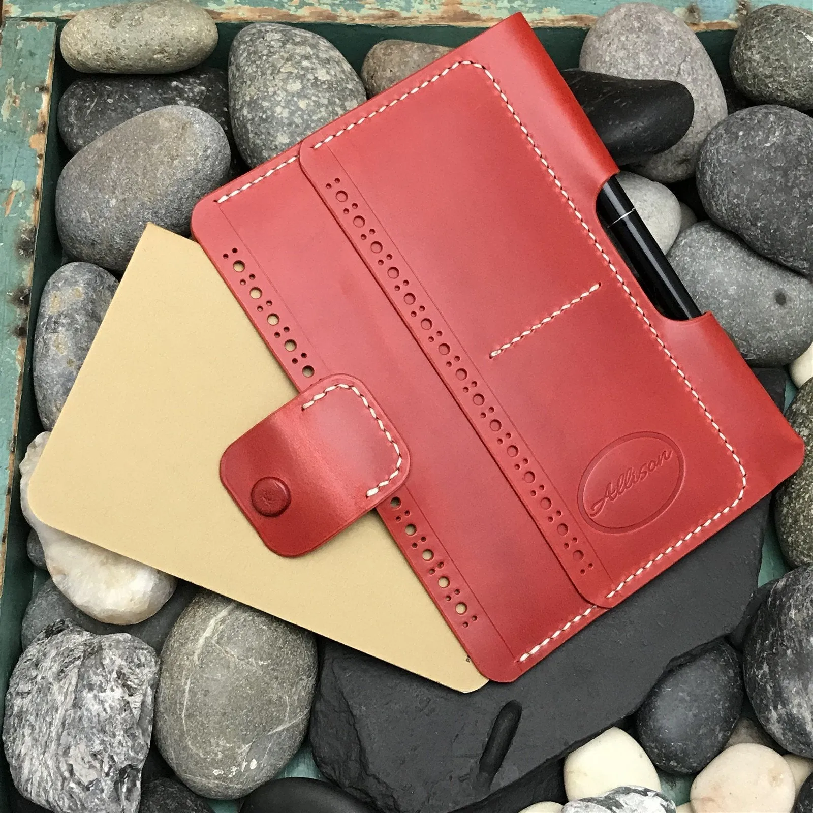 Handmade Red Italian Buttero Leather Field Notes Notebook Travel Wallet