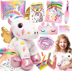 HAPGFS Unicorn Plush and Coloring Book Gift Set, Kids Arts and Crafts Soft DIY Doodle Dolls, Stuffed Animal Toys for Girls Age 3 4 5 6 7 8 Birthday Christmas