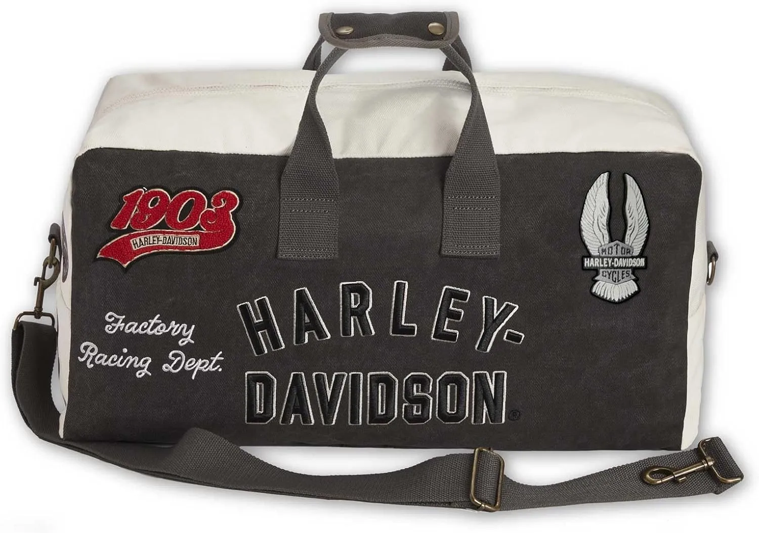 Harley-Davidson Multiple Patches & Logos Vintage Duffel Bag, Durable Canvas