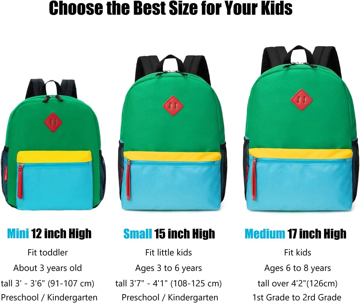 HawLander Little Kids Backpack for Boys Toddler School Bag Fits 3 to 9 years old, 17 inch, Green
