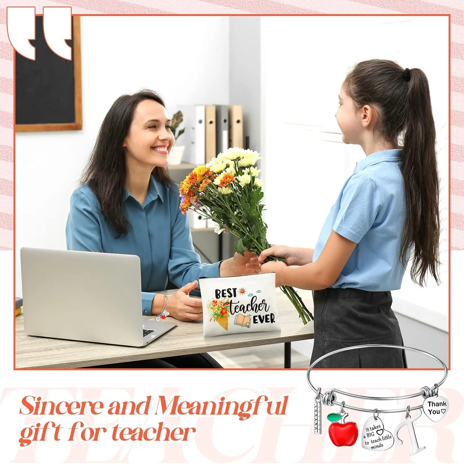 Highergo 2 Pcs Teacher Appreciation Gifts Set for Women Teachers' Day Gifts Kits Cosmetic Bag Makeup Pouch Thank You Bangle Bracelet 2025 Graduation Present,Best Teacher Ever Present
