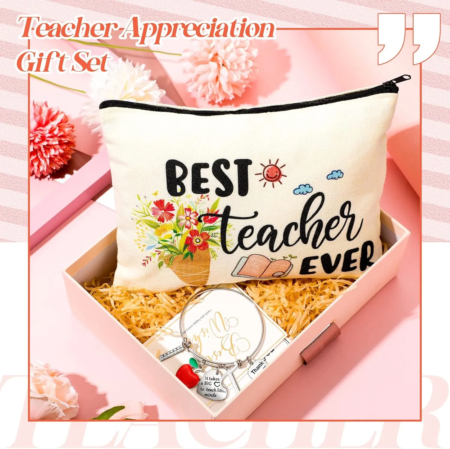Highergo 2 Pcs Teacher Appreciation Gifts Set for Women Teachers' Day Gifts Kits Cosmetic Bag Makeup Pouch Thank You Bangle Bracelet 2025 Graduation Present,Best Teacher Ever Present