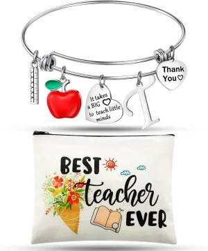 Highergo 2 Pcs Teacher Appreciation Gifts Set for Women Teachers' Day Gifts Kits Cosmetic Bag Makeup Pouch Thank You Bangle Bracelet 2025 Graduation Present,Best Teacher Ever Present