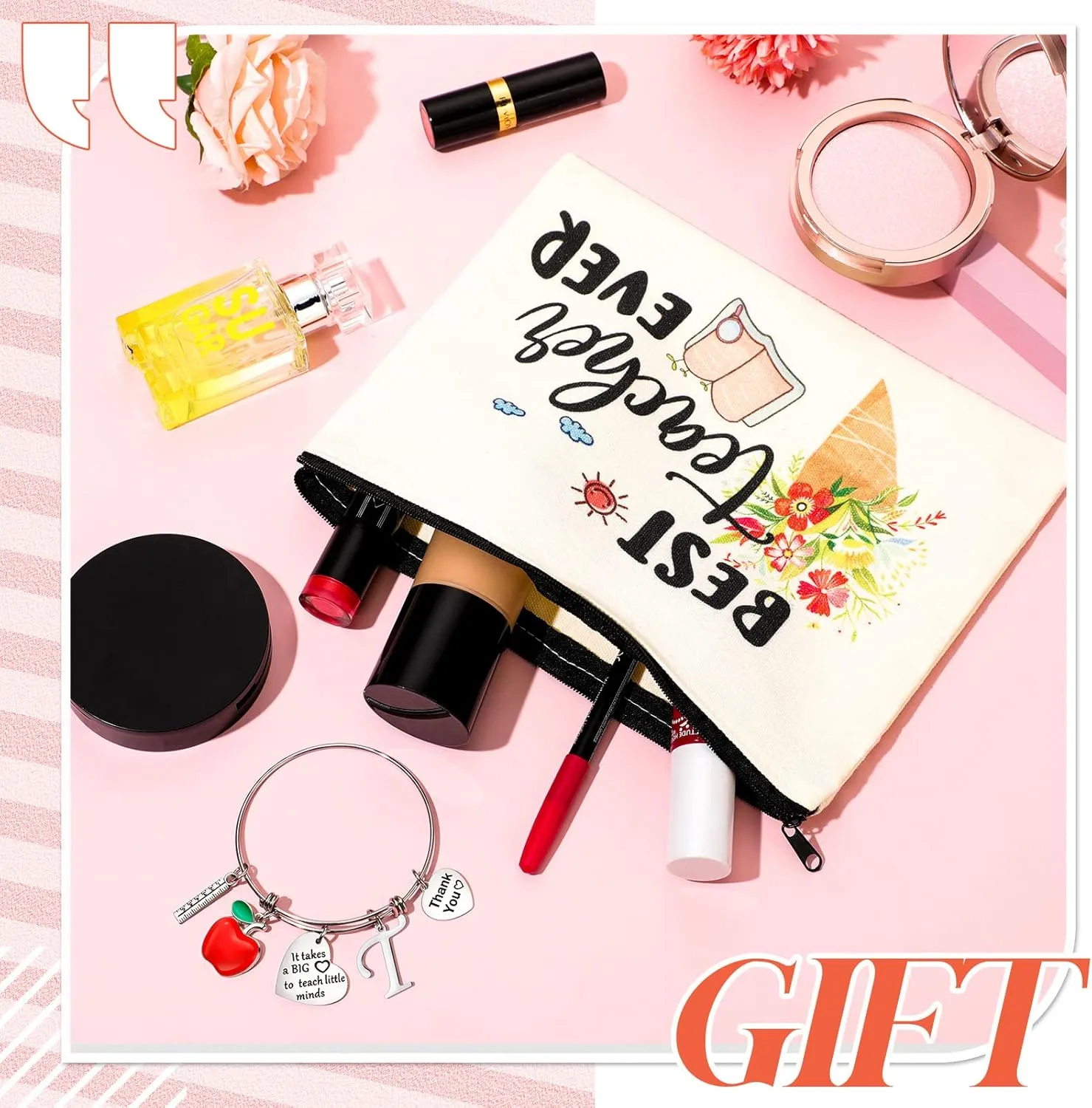 Highergo 2 Pcs Teacher Appreciation Gifts Set for Women Teachers' Day Gifts Kits Cosmetic Bag Makeup Pouch Thank You Bangle Bracelet 2025 Graduation Present,Best Teacher Ever Present